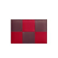 Bottega Veneta Cassette Credit Card Case with Bicolor Check Intreccio Calfskin Red/Burgundy