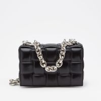 Bottega Veneta Large Cassette Chain Crossbody Bag In Intreccio Padded Lambskin Black/Silver