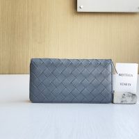 Bottega Veneta Large Zip Around Wallet In Intrecciato Calfskin Grey/Blue