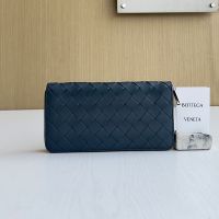 Bottega Veneta Large Zip Around Wallet In Intrecciato Calfskin Navy Blue