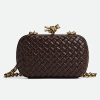 Bottega Veneta Knot Chain Clutch In Intreccio Padded Leather Coffee