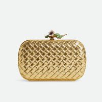 Bottega Veneta Knot Clutch with Flower Clasp Closure In Intreccio Lambskin Gold