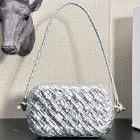 Bottega Veneta Knot Clutch on Strap In Foulard Intreccio Leather Silver