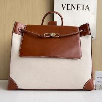 Bottega Veneta Large Andiamo Messenger Bag In Canvas and Leather Beige/Brown