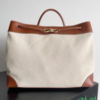 Bottega Veneta Large Andiamo Top Handle Bag In Canvas and Smooth Calfskin Beige/Brown