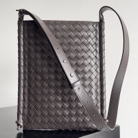 Bottega Veneta Large Flat Loop Crossbody Bag In Intreccio Calfskin Coffee