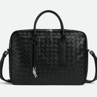 Bottega Veneta Large Getaway Briefcase In Intreccio Lambskin Black