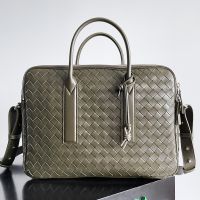 Bottega Veneta Large Getaway Briefcase In Intreccio Lambskin Khaki
