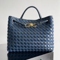 Bottega Veneta Medium Andiamo Top Handle Bag In Intrecciato Denim and Leather Blue