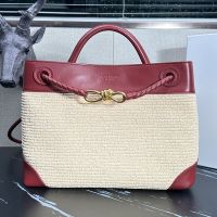 Bottega Veneta Medium Andiamo Top Handle Bag In Raffia and Leather Beige/Burgundy