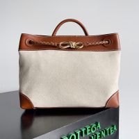 Bottega Veneta Medium Andiamo Top Handle Bag In Canvas and Smooth Calfskin Beige/Brown