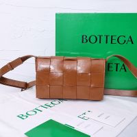 Bottega Veneta Medium Cassette Crossbody Bag with Triangle Buckle In Intreccio Waxed Calfskin Caramel