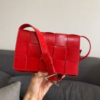 Bottega Veneta Medium Cassette Crossbody Bag with Triangle Buckle In Intreccio Waxed Calfskin Red