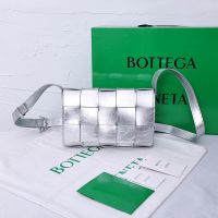 Bottega Veneta Medium Cassette Crossbody Bag with Triangle Buckle In Intreccio Waxed Calfskin Silver