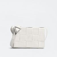 Bottega Veneta Medium Cassette Crossbody Bag with Triangle Buckle In Intreccio Waxed Calfskin White