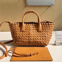 Bottega Veneta Mini Cabat Tote 20 with Detachable Strap In Intreccio Leather Brown