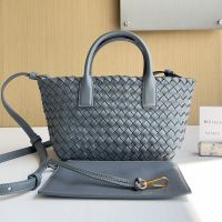Bottega Veneta Mini Cabat Tote 20 with Detachable Strap In Intreccio Leather Dark Grey