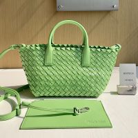 Bottega Veneta Mini Cabat Tote 20 with Detachable Strap In Intreccio Leather Light Green