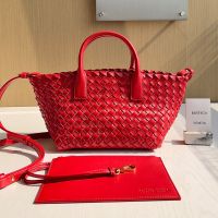 Bottega Veneta Mini Cabat Tote 20 with Detachable Strap In Intreccio Leather Red