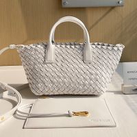 Bottega Veneta Mini Cabat Tote 20 with Detachable Strap In Intreccio Leather White