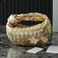 Bottega Veneta Mini Jodie Top Handle Bag In Foggy Mirror Effect Intreccio Leather Gold