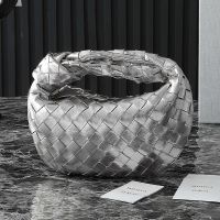 Bottega Veneta Mini Jodie Top Handle Bag In Foggy Mirror Effect Intreccio Leather Silver