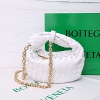 Bottega Veneta Mini Jodie Top Handle Bag with Chain Strap In Intreccio Calfskin White