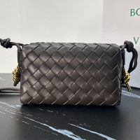 Bottega Veneta Mini Loop Camera Bag with Signature Metallic Knot In Intreccio Leather Dark Brown