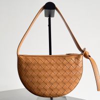 Bottega Veneta Mini Sunrise Shoulder Bag In Intreccio Calfskin Brown