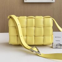 Bottega Veneta Large Cassette Crossbody Bag with Triangle Buckle In Intreccio Padded Lambskin Yellow/Silver