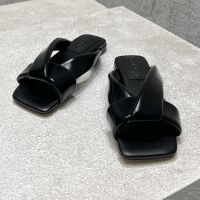 Bottega Veneta Riva Flat Slides Women Shiny Calfskin Black