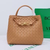 Bottega Veneta Small Andiamo Top Handle Bag In Intreccio Lambskin Brown