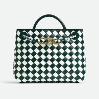 Bottega Veneta Small Andiamo Top Handle Bag In Intreccio Lambskin Green/White