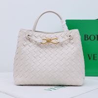 Bottega Veneta Small Andiamo Top Handle Bag In Intreccio Lambskin White