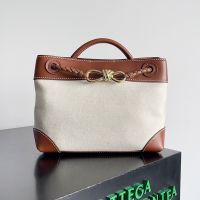 Bottega Veneta Small Andiamo Top Handle Bag In Canvas and Smooth Calfskin Beige/Brown