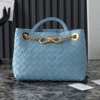 Bottega Veneta Small Andiamo Chain Top Handle Bag In Intrecciato Leather Light Blue