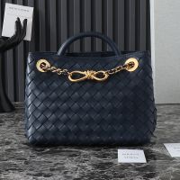 Bottega Veneta Small Andiamo Chain Top Handle Bag In Intrecciato Leather Navy Blue