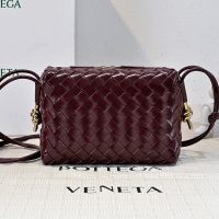Bottega Veneta Small Loop Camera Bag with Signature Metallic Knot In Intreccio Waxed Leather Burgundy
