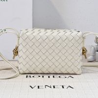 Bottega Veneta Small Loop Camera Bag with Signature Metallic Knot In Intreccio Waxed Leather White