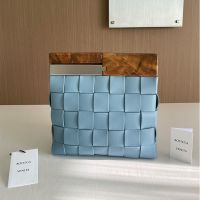Bottega Veneta Snap Clutch In Intrecciato Lambskin Blue