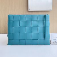 Bottega Veneta Large Cassette Flat Pouch In Intrecciato Calfskin Sky Blue