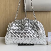 Bottega Veneta Medium Lauren 1980 Clutch with Chain In Intrecciato Lambskin Silver
