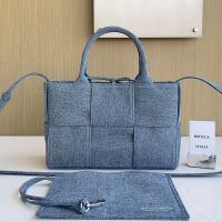 Bottega Veneta Mini Arco Tote 25 with Detachable Strap In Intreccio Denim Light Blue