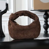 Bottega Veneta Mini Jodie Top Handle Bag In Intrecciato Suede Taupe