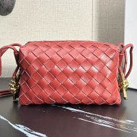 Bottega Veneta Mini Loop Camera Bag with Signature Metallic Knot In Intreccio Leather Red