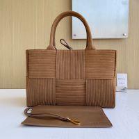 Bottega Veneta Small Arco Tote In Intreccio Corduroy Suede Brown