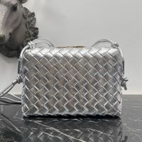 Bottega Veneta Small Loop Camera Bag In Intreccio Metalized Leather Silver