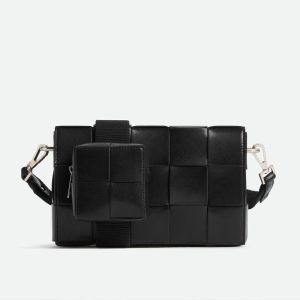 Bottega Veneta Cassette Crossbody Bag with Coin Pouch In Intreccio Leather Black