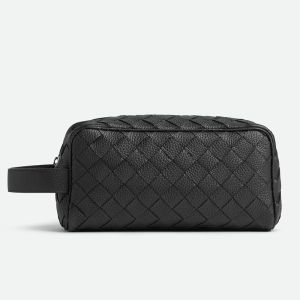 Bottega Veneta Travel Pouch In Intrecciato Grained Calfskin Black