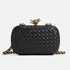 Bottega Veneta Knot Chain Clutch In Intreccio Padded Leather Black